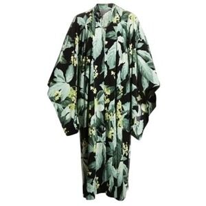 Norma Kamali Kimono Maxi Dress Robe Tropical Mint Leaf Print Duster Belted sz Sm